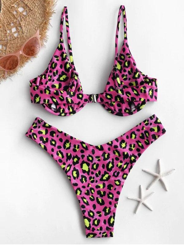 Leopard Print Underwired Triangles Split Bikini Swimsuit