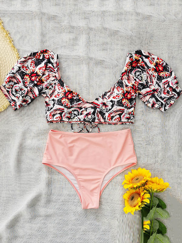 Long-Sleeves Floral Print Bikini Swimsuit