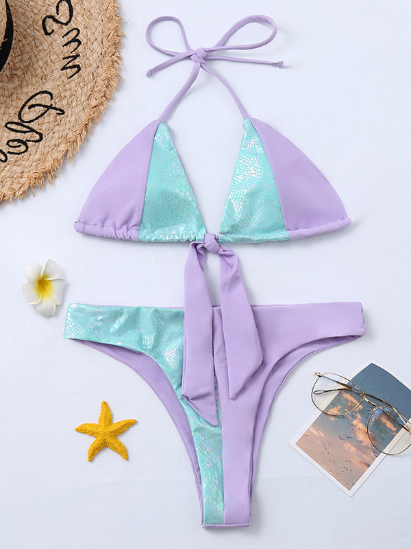 Bikini-Badeanzug mit Schlangenmuster, Farbblock, Schlitz und Knoten 