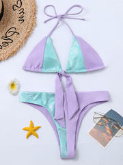 Snake-Print Color-Block Split-Joint Knotted Split Bikini Swimsuit