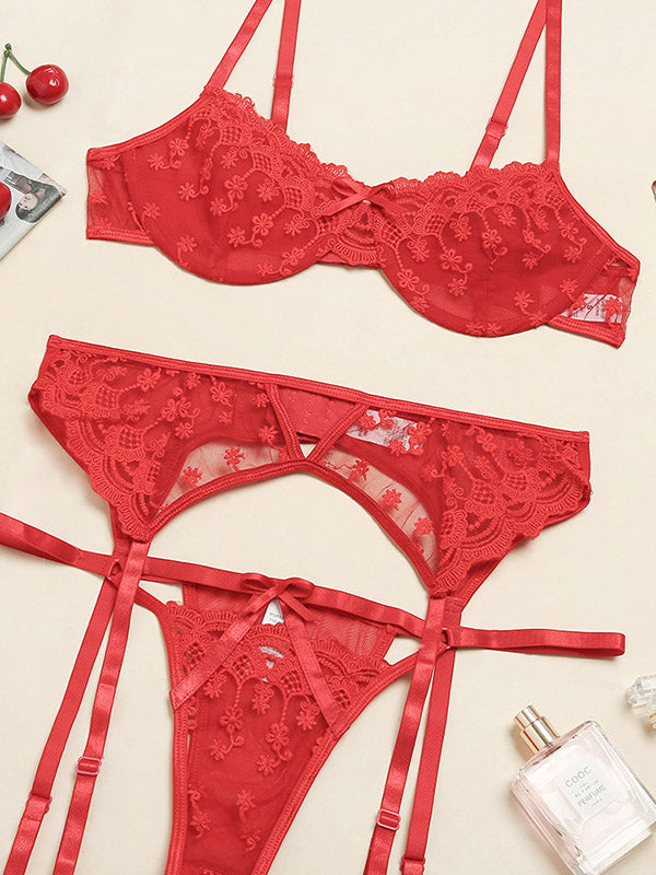 Sexy Lace See-Through Underwired Three-Piece Lingerie Set