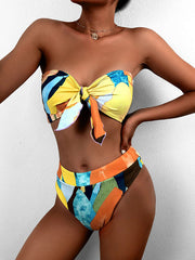 Floral Print Knotted Bandeau More Coverage Bikini Swimwear