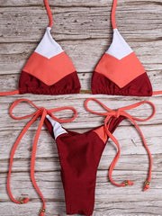 Contrast Color Split-Joint Triangles Bandage Split Bikini Swimsuit