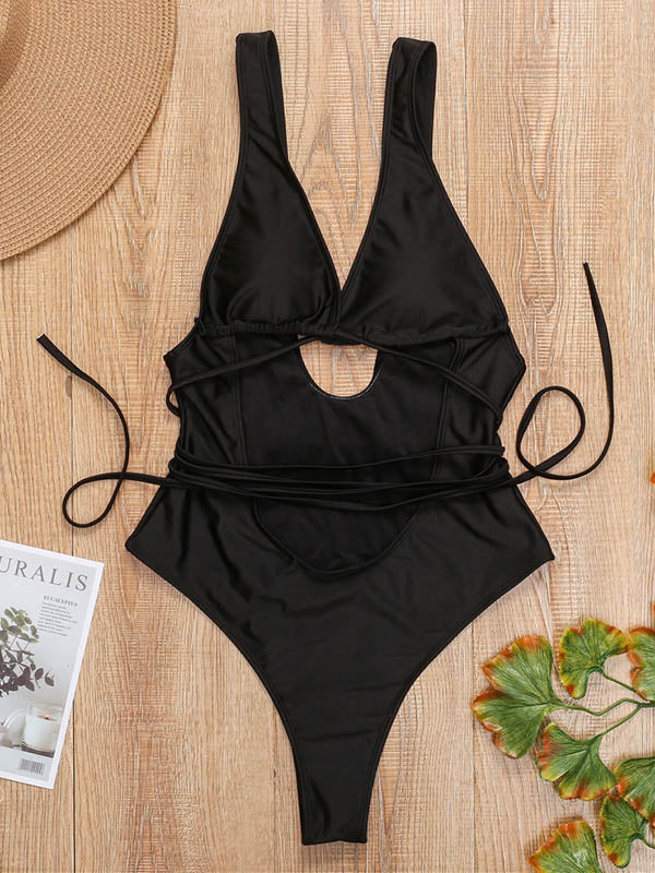 Solid Color Bandage Hollow One-Piece Swimwear