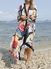 Floral-Print Belted Long Sleeve Tunicshang Cover-Ups