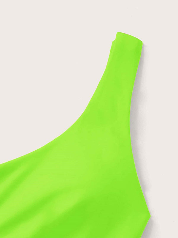 Fluorescent Solid Color Backless Bandage Split Bikini Swimsuit