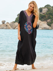 Embroidered V-Neck Split-Side Short Sleeve Loose Cover-Up Swimwear