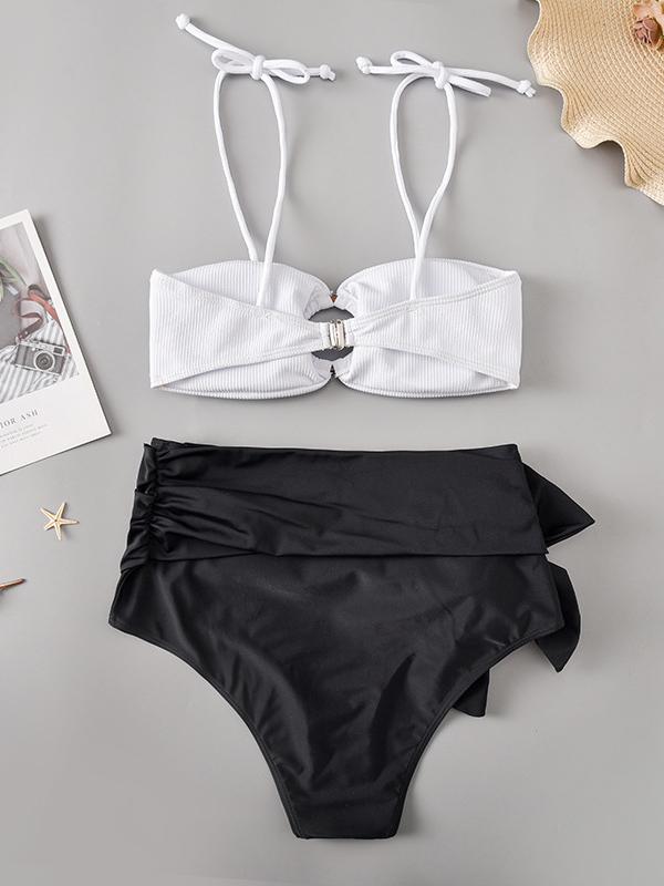 Contrast Color Bow Embellished Bandeau Split Bikini Swimsuit