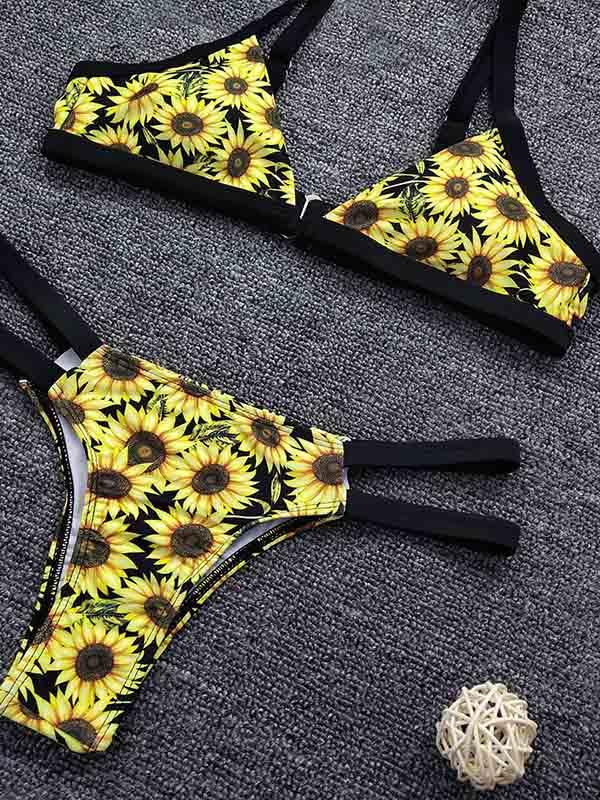 Floral-Print Bandage Hollow V-Neck Split Bikini Swimsuit