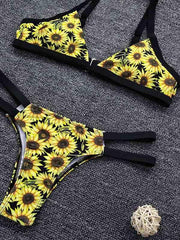 Bikini-Badeanzug mit Blumenmuster, Bandage, V-Ausschnitt, Schlitz 