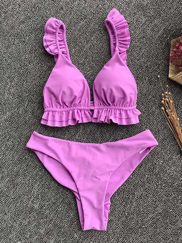 Solid Color Ruffled Triangles Split Bikini Swimsuit