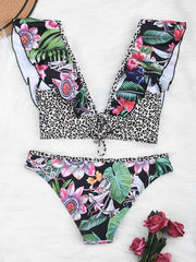 Floral Printed Deep V-Neck Falbala Bralette Hipster Bikini Swimwear