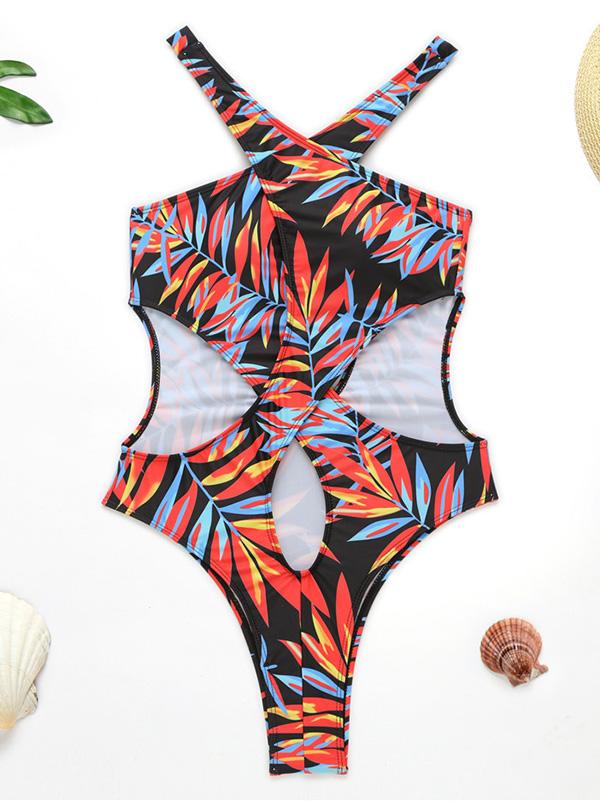 Floral-Print Bandage Hollow One-Piece Swimwear