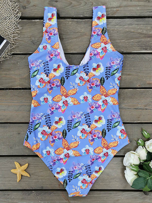 Sleeveless Floral Bow-Knot Hollow One-Piece Swimwear