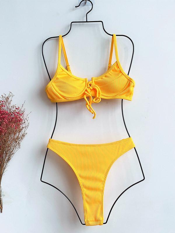 Solid Color Underwired Bandage Split Bikini Swimsuit