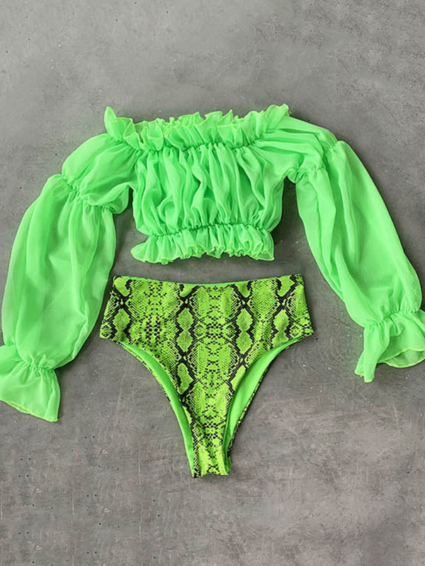 Snake-Printed Long-Sleeves Falbala Bikini Swimsuit