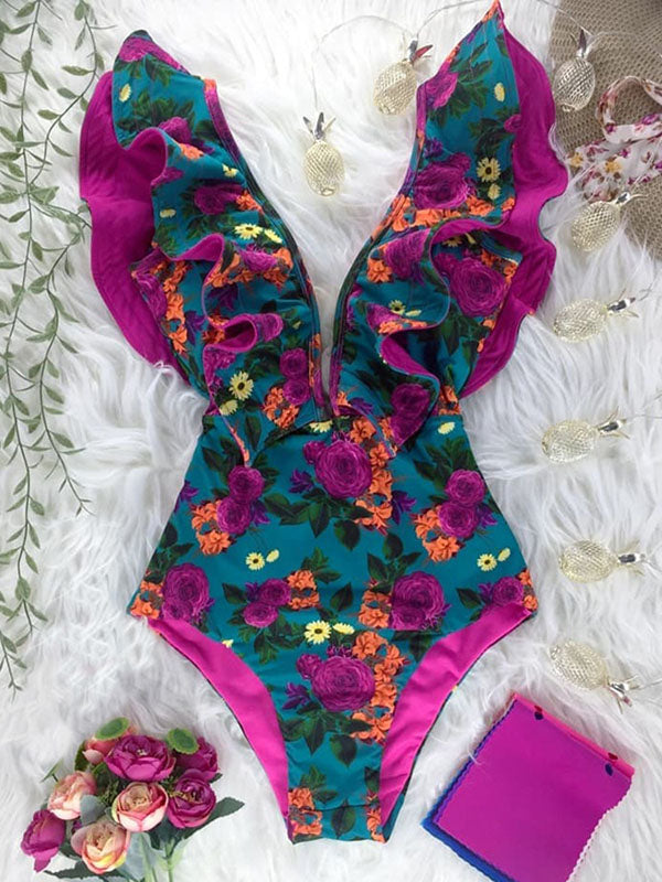 Ruffled Floral V-Neck One-Piece Swimwear