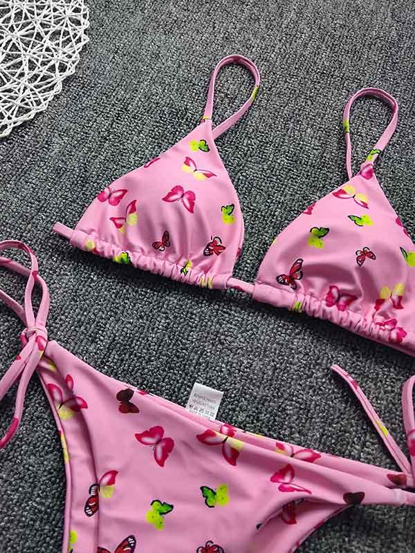 Bikini-Badeanzug mit Blumenmuster, Dreiecken und Schlitz 