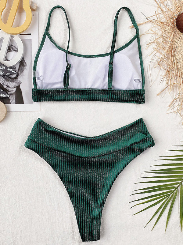 Solid Sleeve Bralette High-Waisted Simple Split Bikini Swimsuit