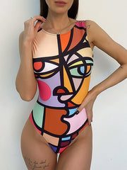 Sleeveless Abstract Print Padded One-Piece Swimwear