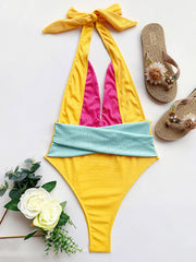 Contrast Color Halterneck Deep V-Neck Backless One-Piece Swimwear