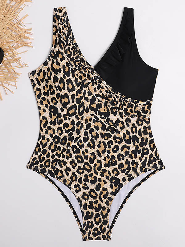 Asymmetric Split-Joint Leopard Print Backless One-Piece Swimwear