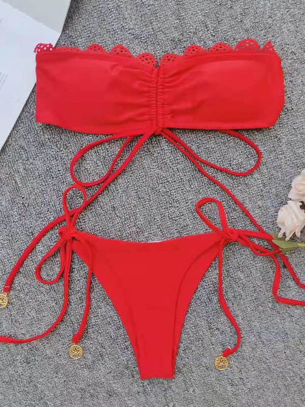 Einfarbiger Bandeau-Bikini mit Schnürung und Kordelzug an der Seite 