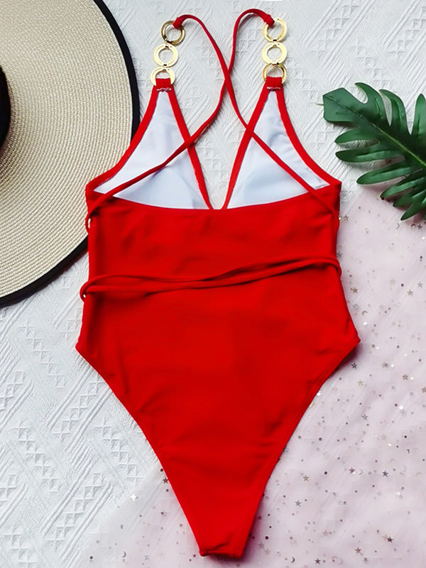 Split-Joint Chains Halterneck Backless One-Piece Swimwear