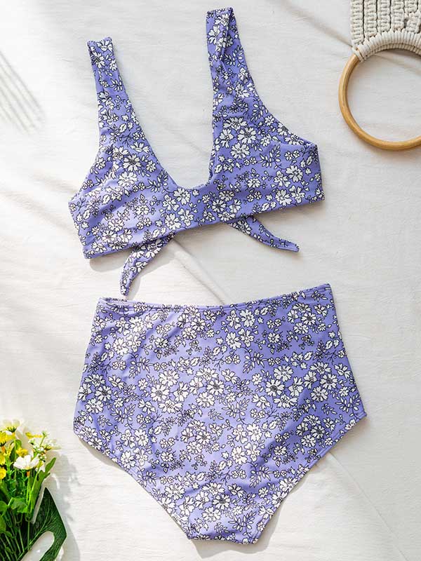 Polychromatic Floral-Print Knotted Split Bikini Swimsuit