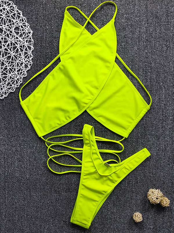 Sexy Crossed Bandage Backless Split Bikini Swimsuit