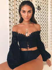 Lace Off Shoulder Puff Sleeves Blouses&shirts Tops