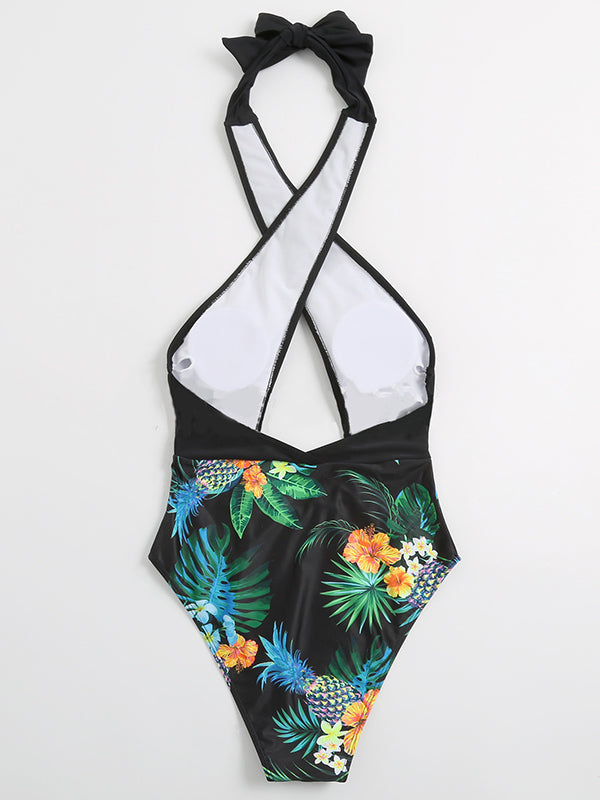 Floral-Print Split-Joint Backless Halterneck One-Piece Swimwear