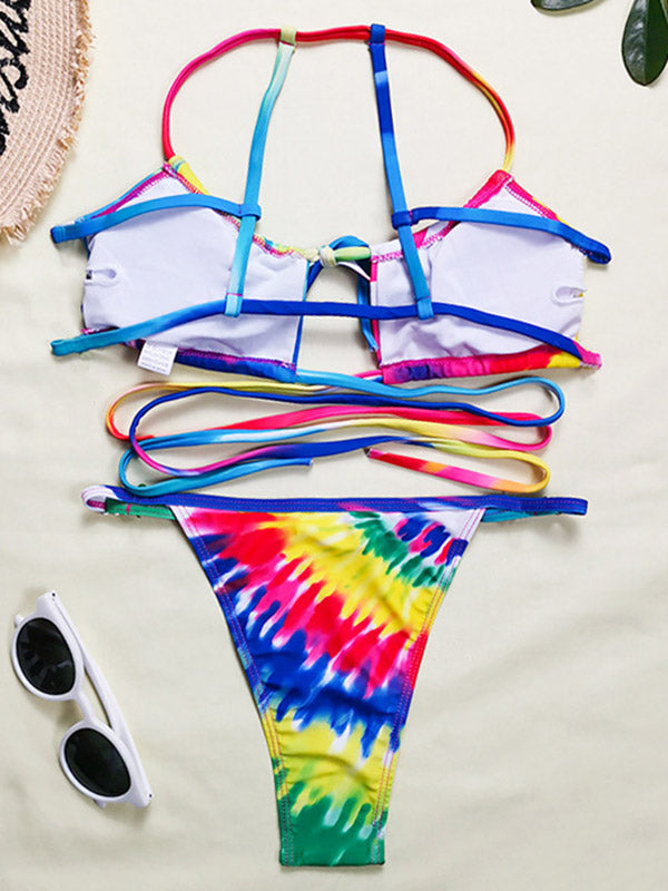 Halterneck Multi Color Bandage Bikini Swimwear