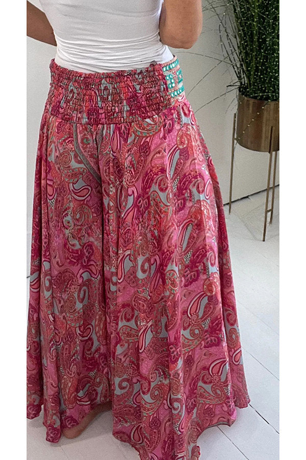 Leichte Hose mit Ethno-Paisley-Print, elastischem Patchwork-Taillenbund und Taschen