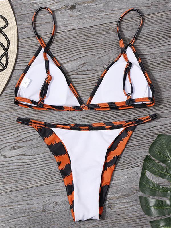 Tiger Pattern Spaghetti-Neck Split Bikini Swimsuit