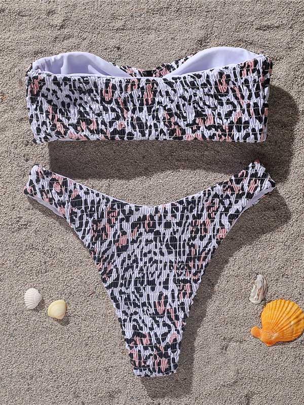 Leopard Print Embellished Bandeau Split Bikini Swimsuit