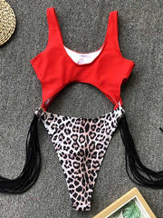 Hollow Tasseled Color-Block One-Piece Swimwear