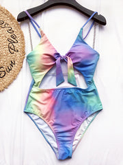 Colorful Spaghetti-Neck Bandage Hollow One-Piece Swimwear