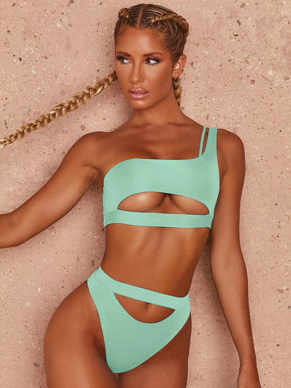 One-Sholuder Solid Color Hollow Bralette High-Waisted Bikini Swimwear