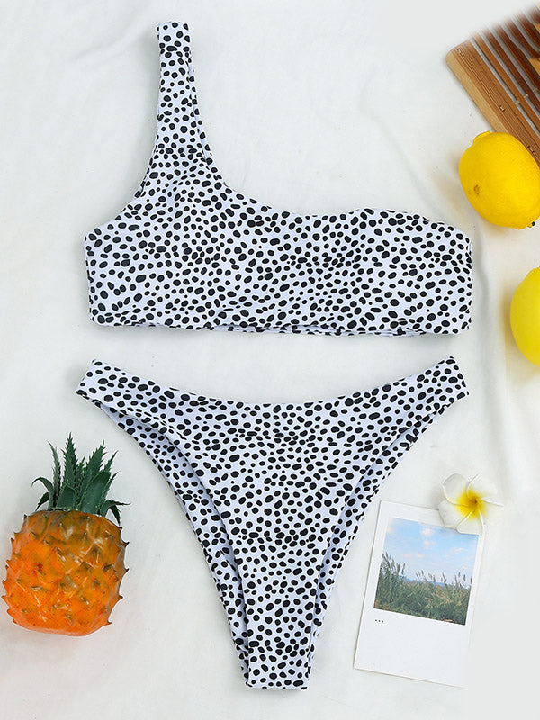 Polka-Dot Printed One-Shoulder Split Bikini Swimsuit