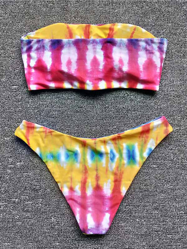 Tie-Dyed Printed Bandeau Split Bikini Swimsuit