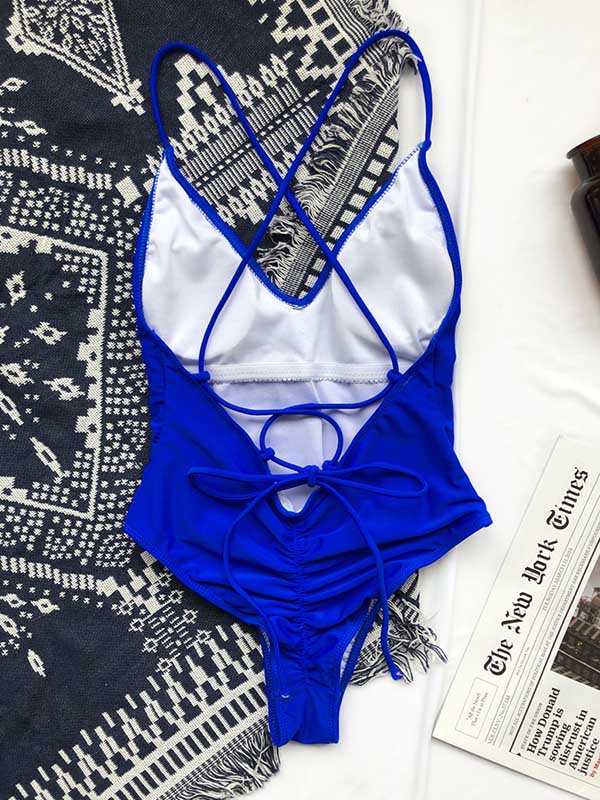 Solid Color V-Neck Backless Bandage Split Bikini Swimsuit