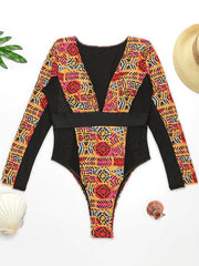 Ethnic Printed Split-Joint See-Through V-Neck One-Piece Wetsuit