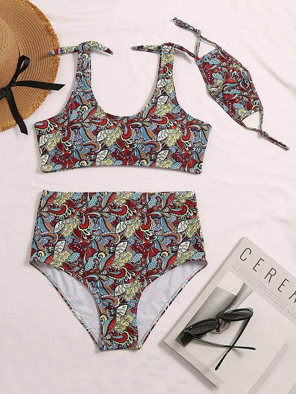 Ethnic Printed Knotted Split Bikini Swimsuit+Mask