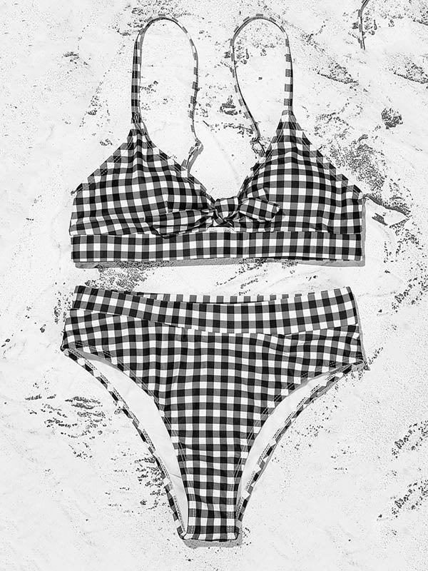 Plaid Printed Knotted Spaghetti-Neck Split Bikini Swimsuit