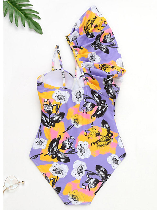 Fashion Floral One-Shoulder Falbala One-Piece Swimwear