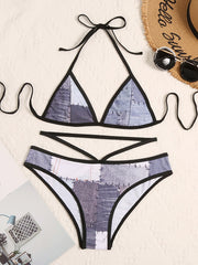 Bikini-Badeanzug mit geteiltem Dreiecks-Bandage und Patch aus Denim-Stoff 