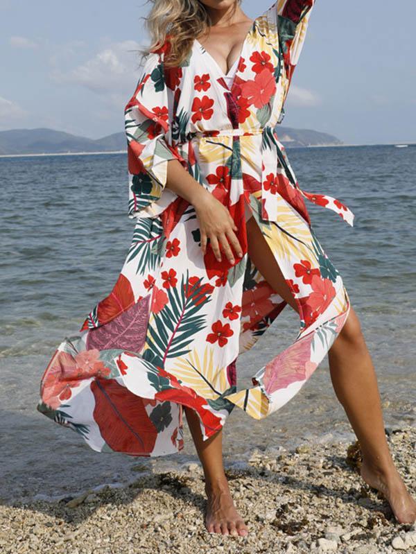 Floral-Print Belted Long Sleeve Tunicshang Cover-Ups