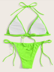 Solid Color Triangles Bandage Split Bikini Swimsuit