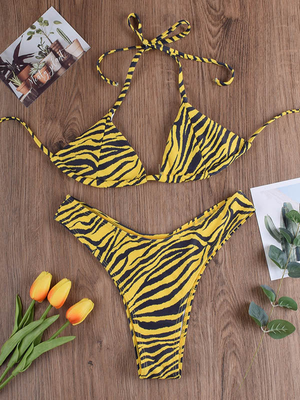 Tiger Pattern Triangles Bandage Split Bikini Swimsuit